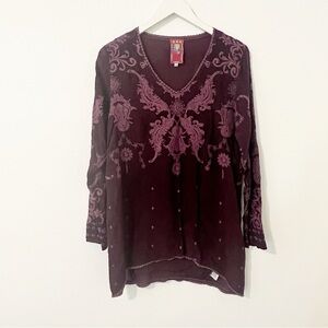 Johnny Was Maroon Embroidered Tunic Top Long Sleeve Size XS